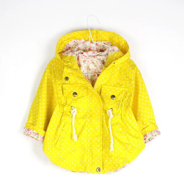 2016 New Spring Autumn Hooded Kids Jackets Long Sleeve Polka Dot Print Fashion Girls Windbreaker Coat Casual Waist Girls Jackets