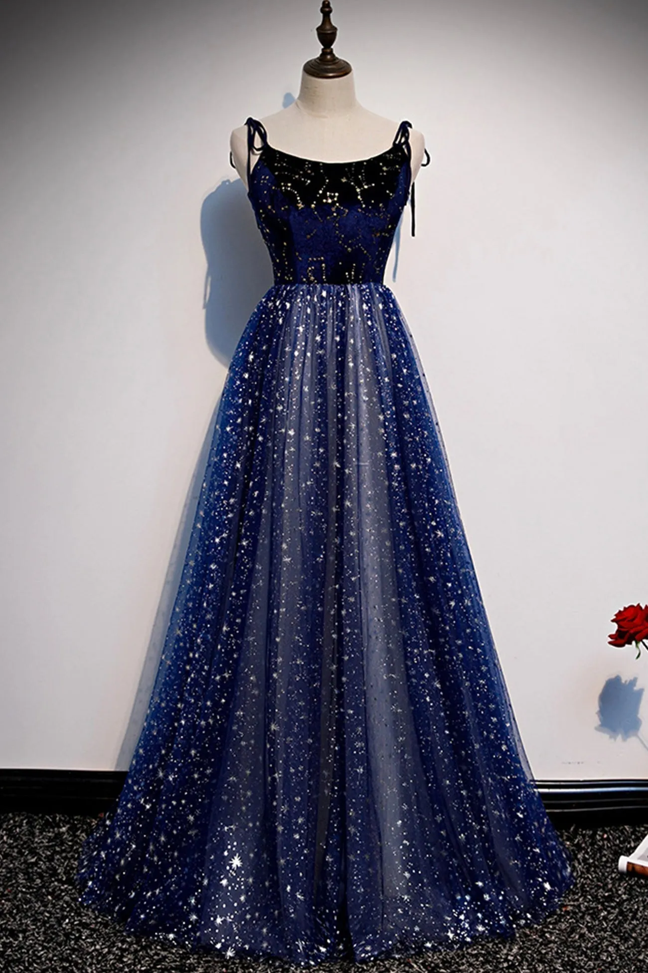 Blue Tulle Long A-Line Prom Dresses Blue Evening Party Dresses