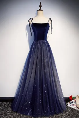 Blue Velvet Tulle Long Prom Dresses Lovely A-Line Graduation Dresses