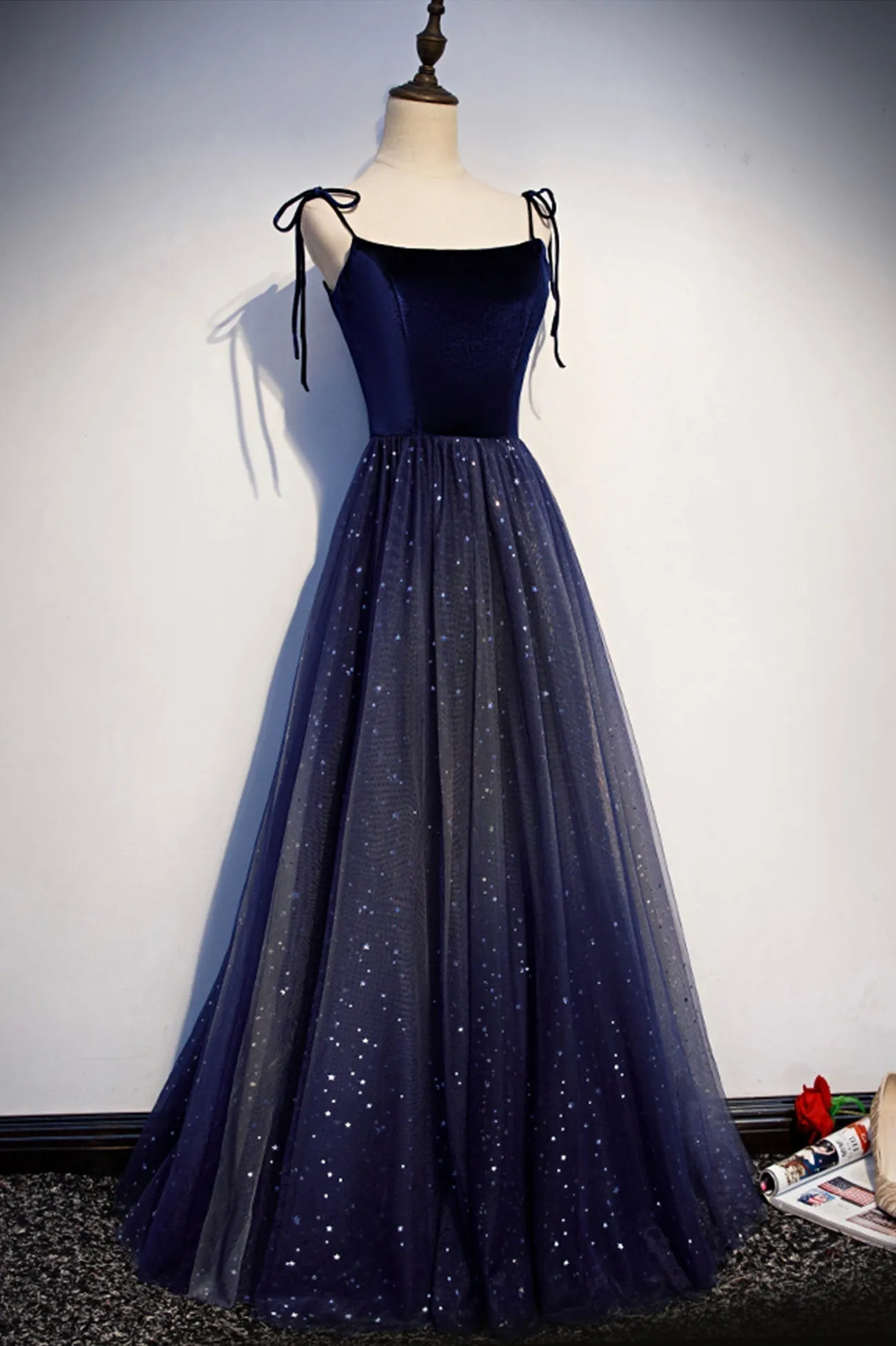 Blue Velvet Tulle Long Prom Dresses Lovely A-Line Graduation Dresses