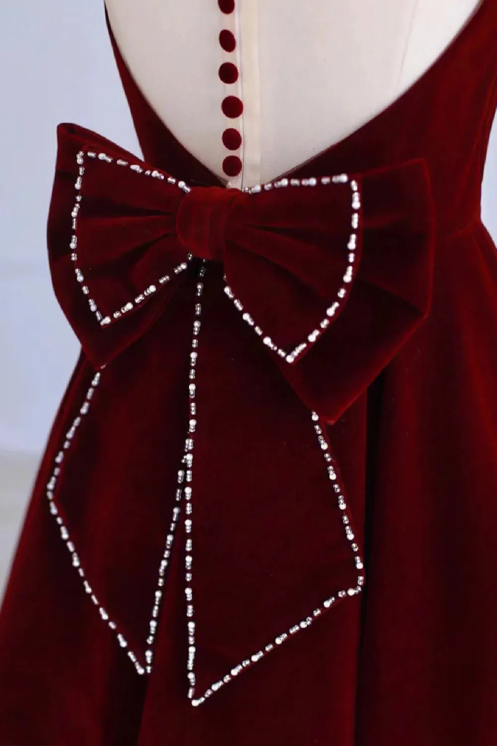 Burgundy Velvet Tea Length Prom Dress, A-Line Party Dress with Bow