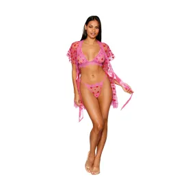 Dreamgirl Flocked Heart Mesh and Eyelash Lace Robe, Bralette, and G-string Set Peony S