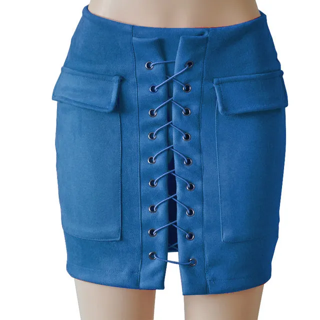 Fashion Womens Autumn Lace-up Leather Suede Pencil Skirts Winter Cross High Waist Mini Skirt Zipper Split Bodycon Short Skirts