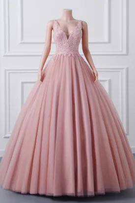 Girls Sequins V neck Dusty Rose Prom Dresses A-line Tulle Ball Gown Quinceanera Dress Sweet 16 Party Dresses