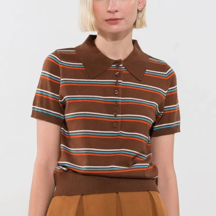 Katrina Brown Striped Button Down Polo Shirt