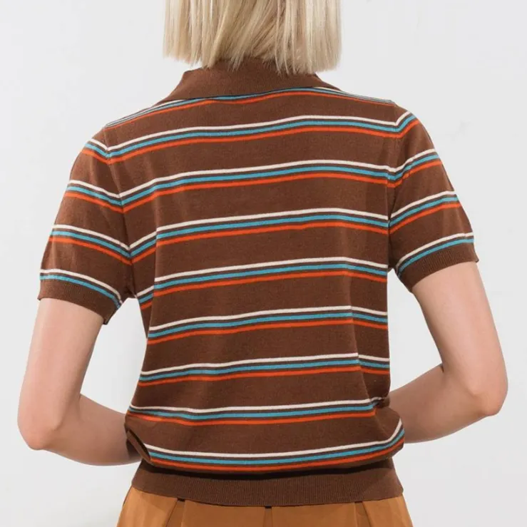 Katrina Brown Striped Button Down Polo Shirt