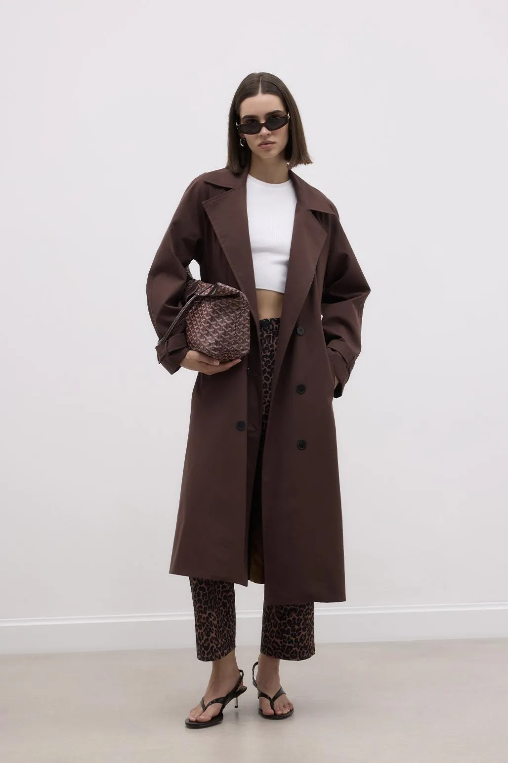 Long Trench Coat with Epaulettes Brown