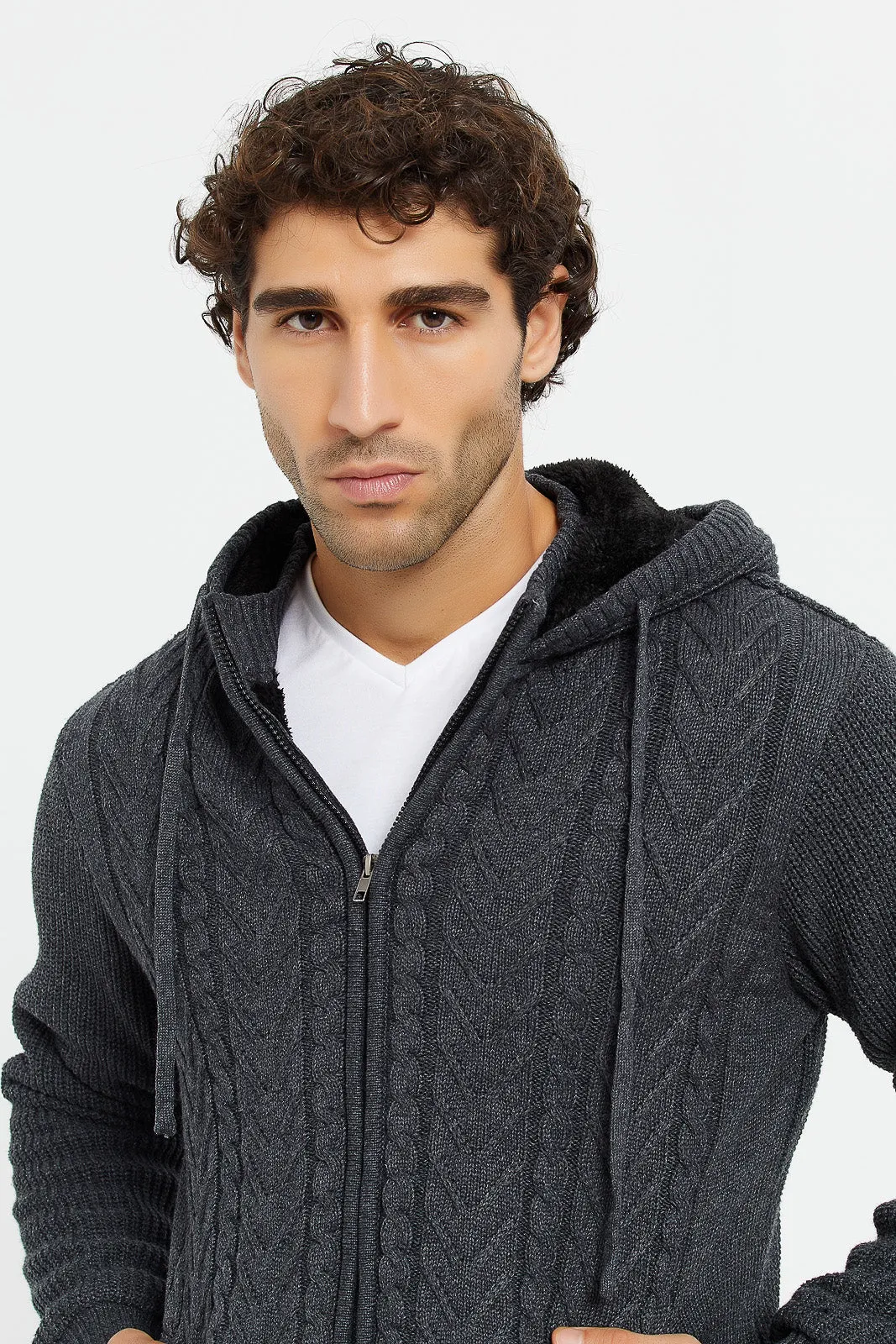 Men Charcoal Knitted Zipper Hooded Jacket