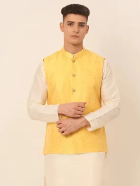 Men Yellow Embroidered Woven Nehru Jackets