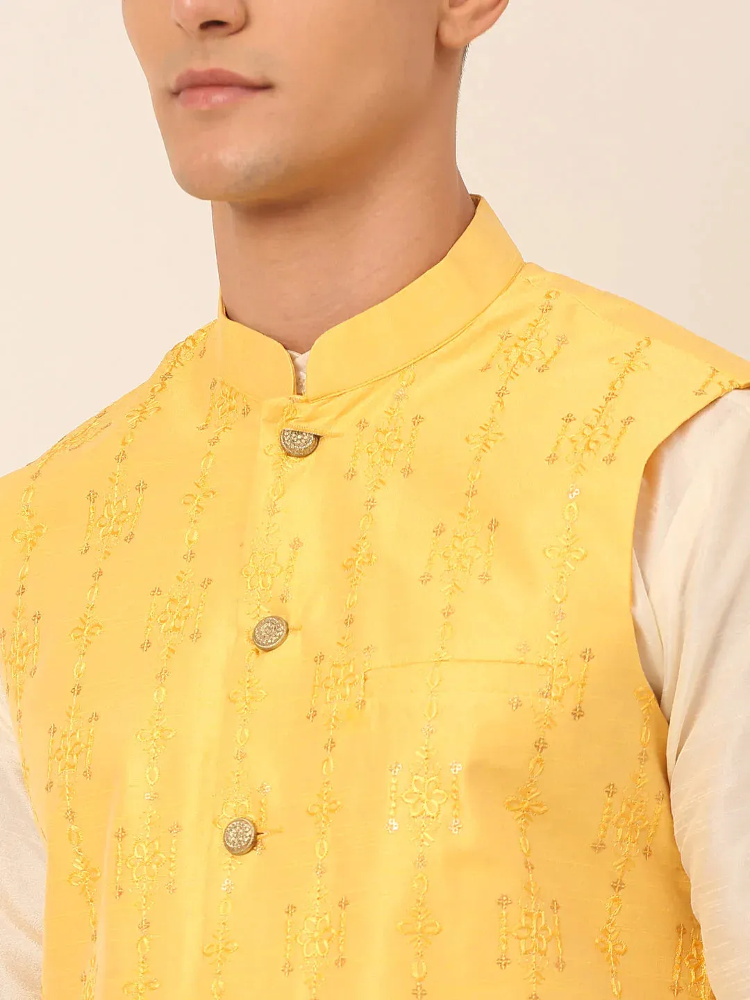 Men Yellow Embroidered Woven Nehru Jackets