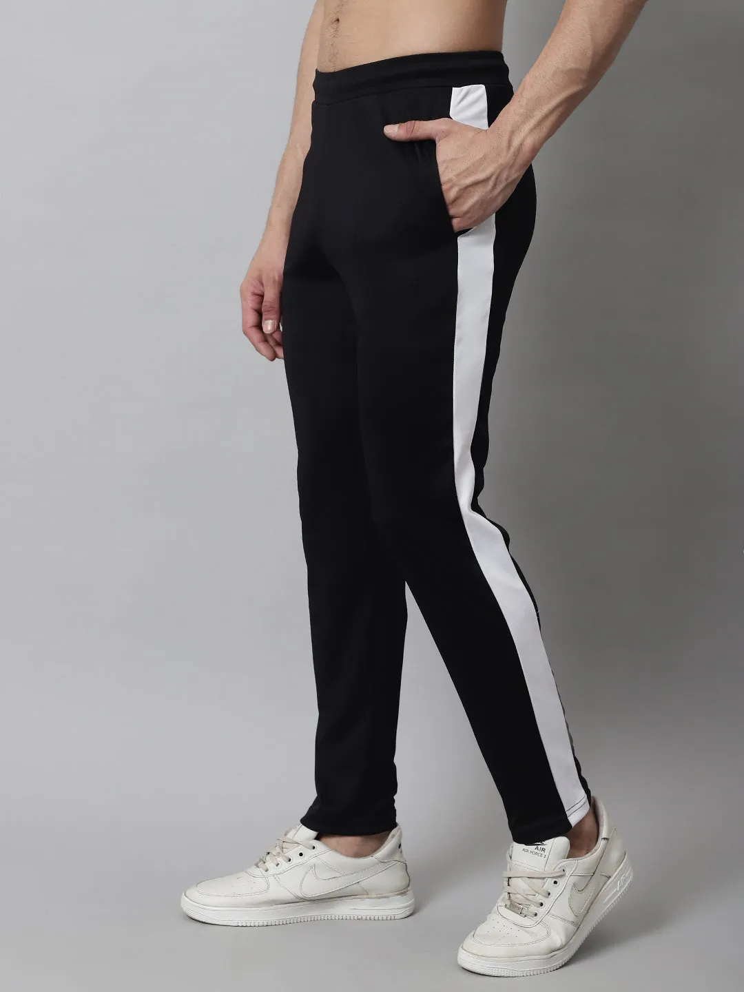 Men'S Black And White Striped Streachable Lycra Trackpants