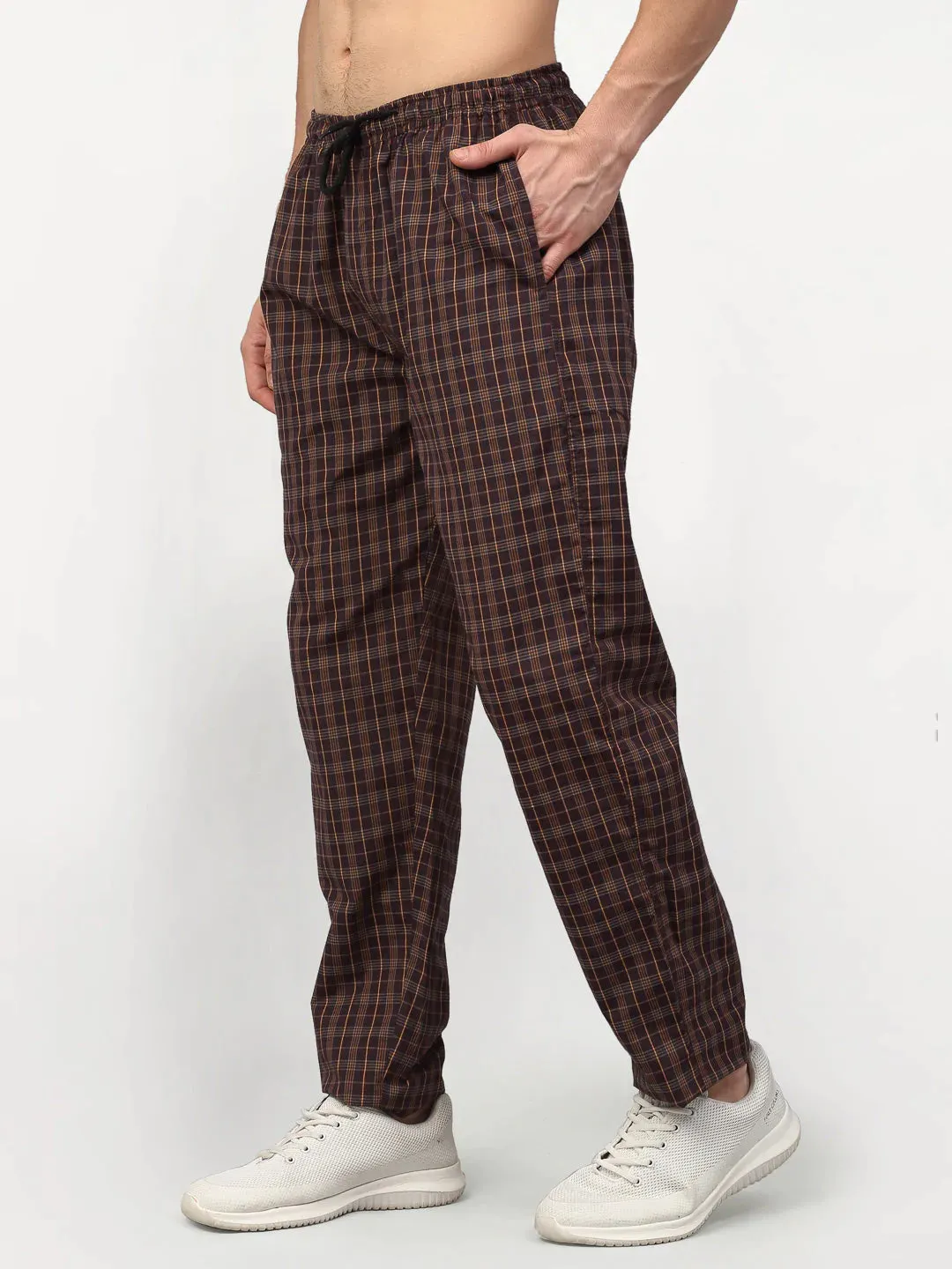 Men'S Brown Cotton Checked Track Pants