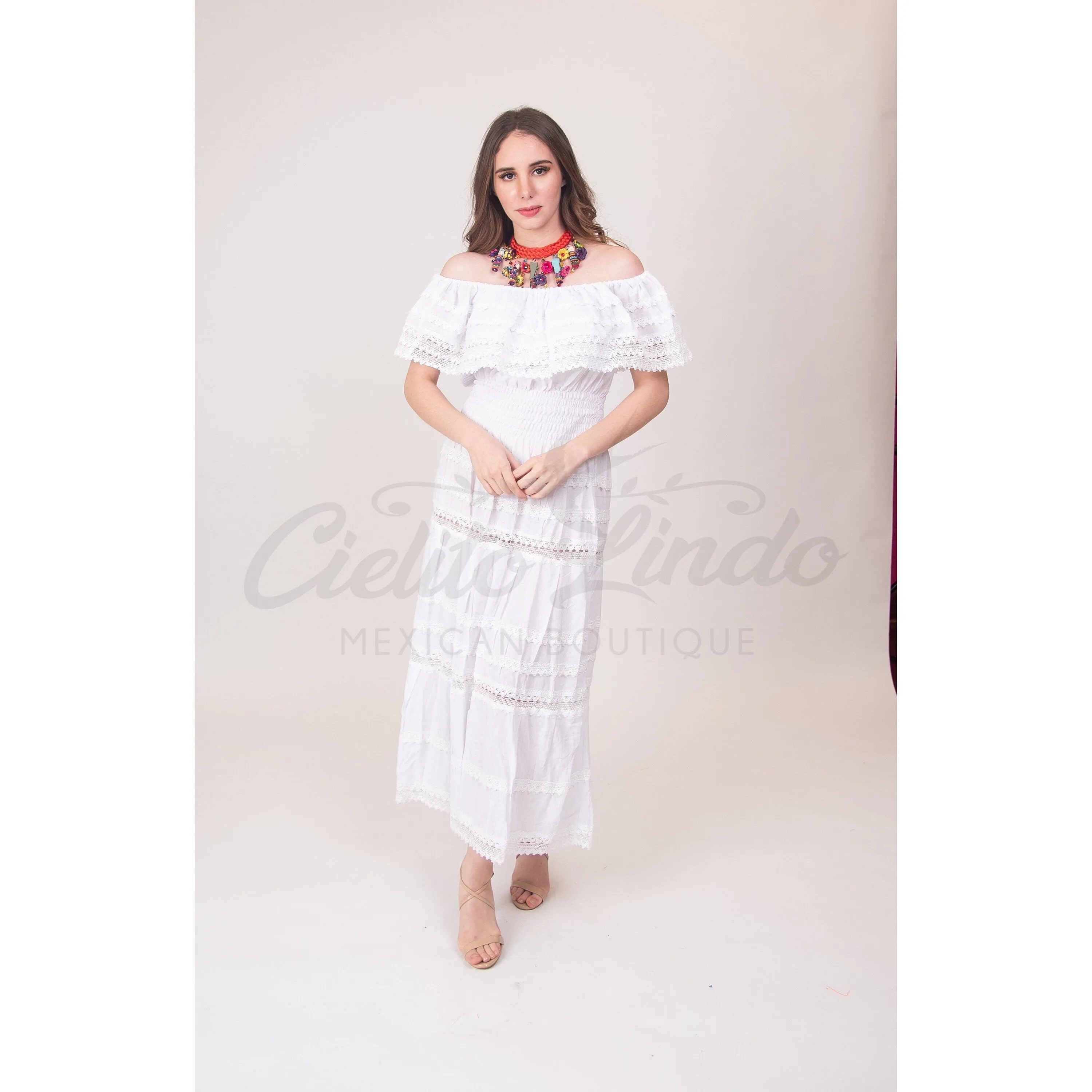 Mexican White Solid Maxi Dress Lace Off the Shoulder - Mexican Themed Wedding - Costume - Fiesta Mexicana - Mexico - One Size