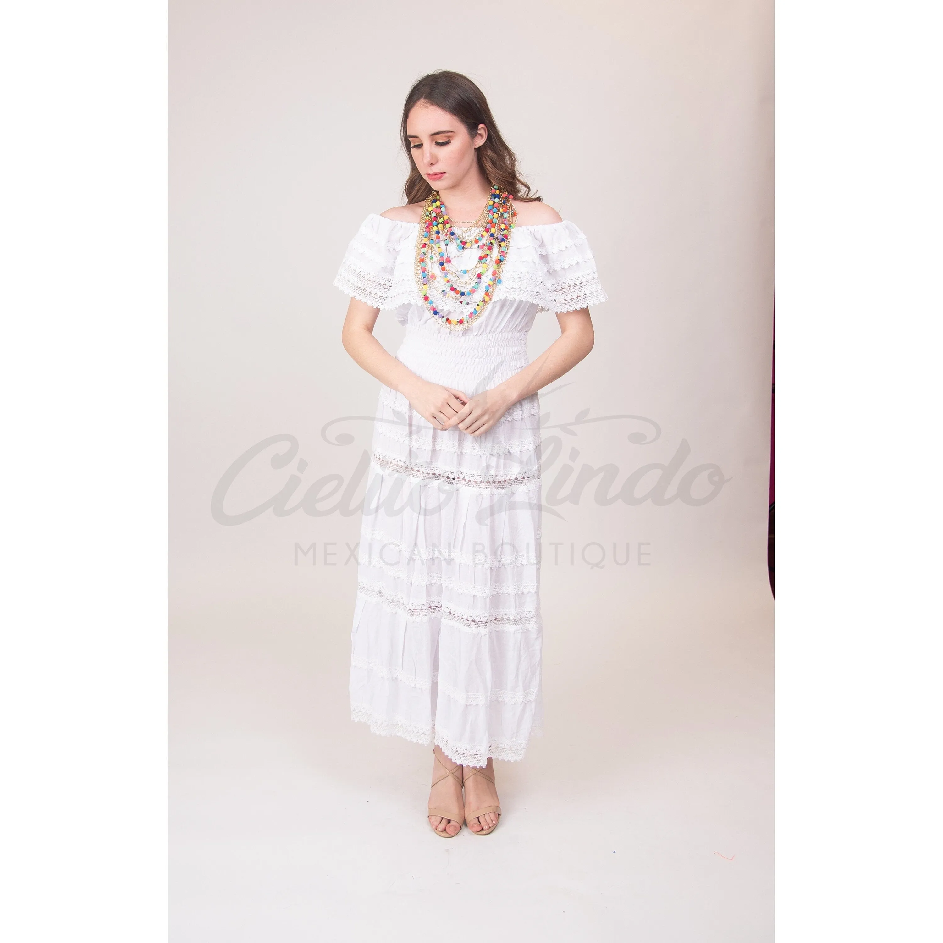 Mexican White Solid Maxi Dress Lace Off the Shoulder - Mexican Themed Wedding - Costume - Fiesta Mexicana - Mexico - One Size