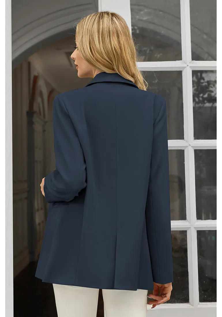 Navy Blue Women's Office Casual Long Sleeve Pocket Blazer Jacket