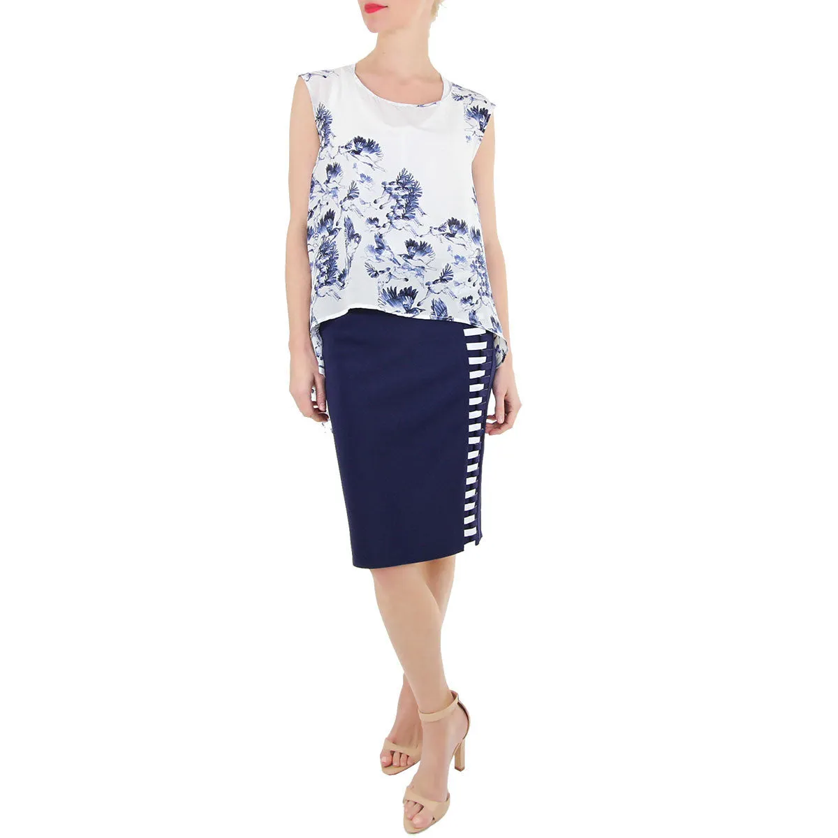 Navy Bonded Neoprene Pencil Skirt