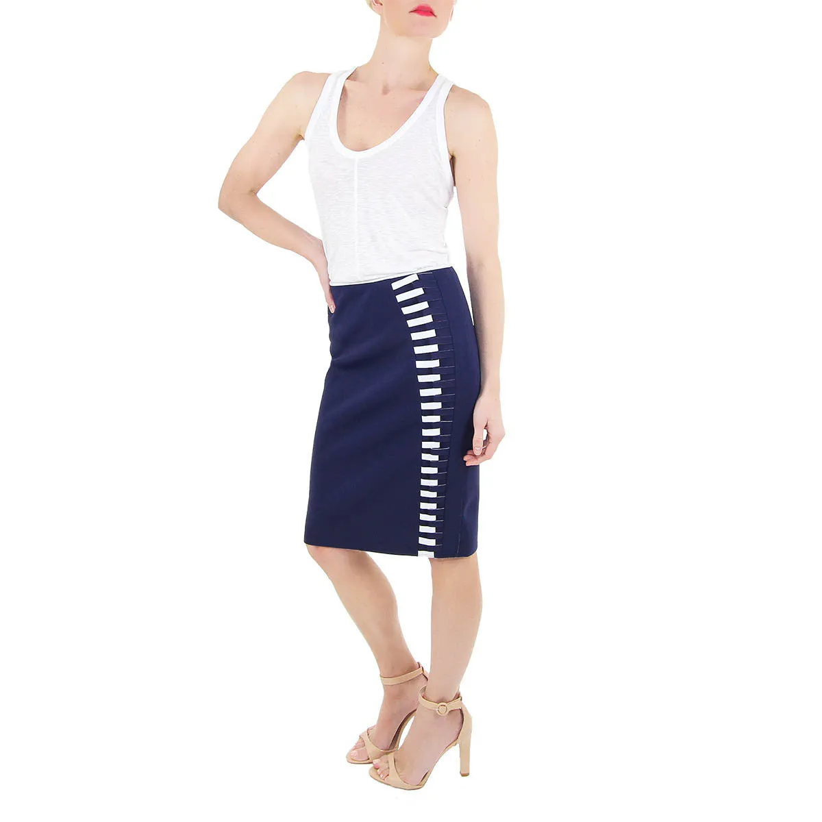 Navy Bonded Neoprene Pencil Skirt