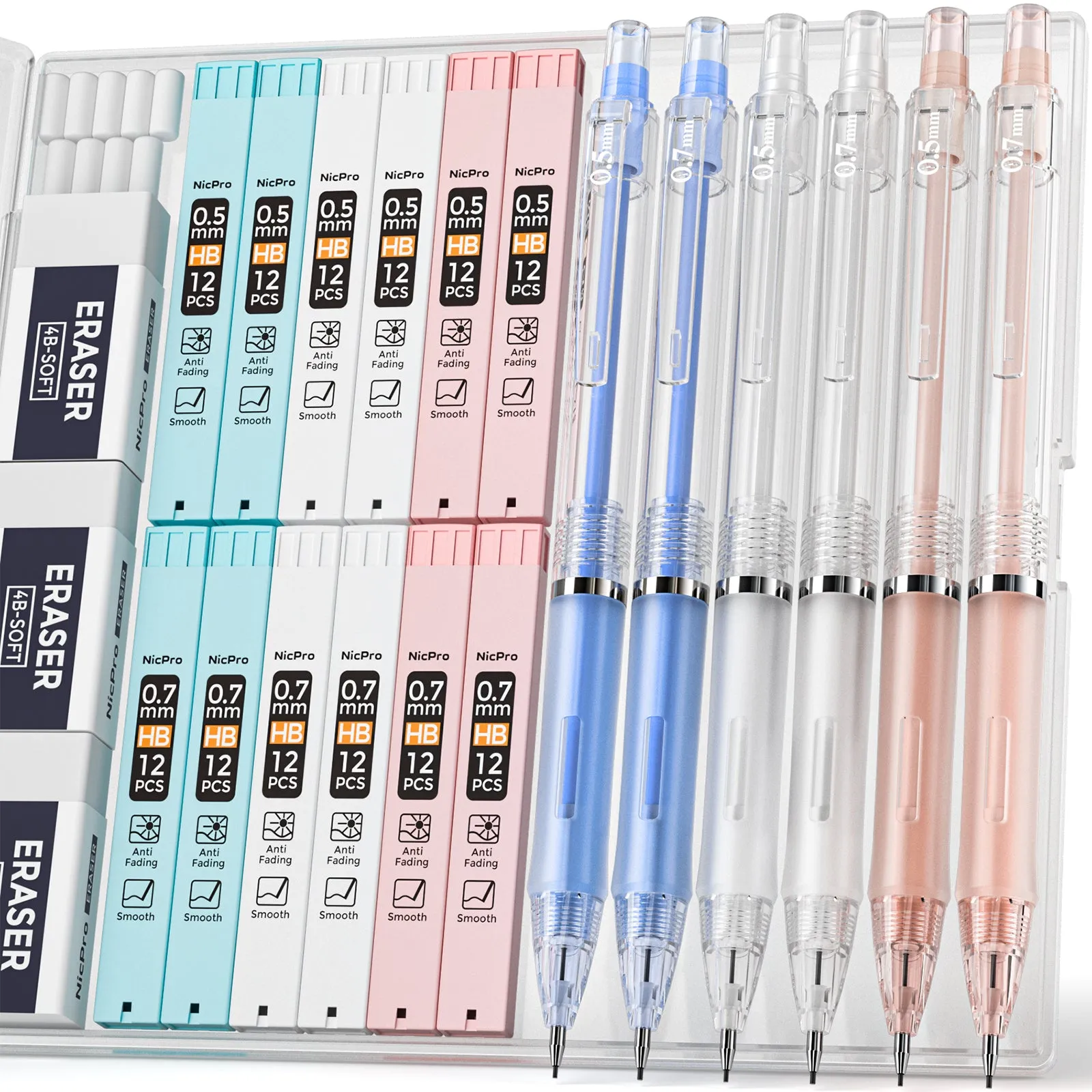 Nicpro 6 PCS Mechanical Pencil 0.5 & 0.7 mm for School, with HB Lead Refills, Erasers For Student Writing, Drawing, Sketching, Blue & Pink & White Colors - Come with Case