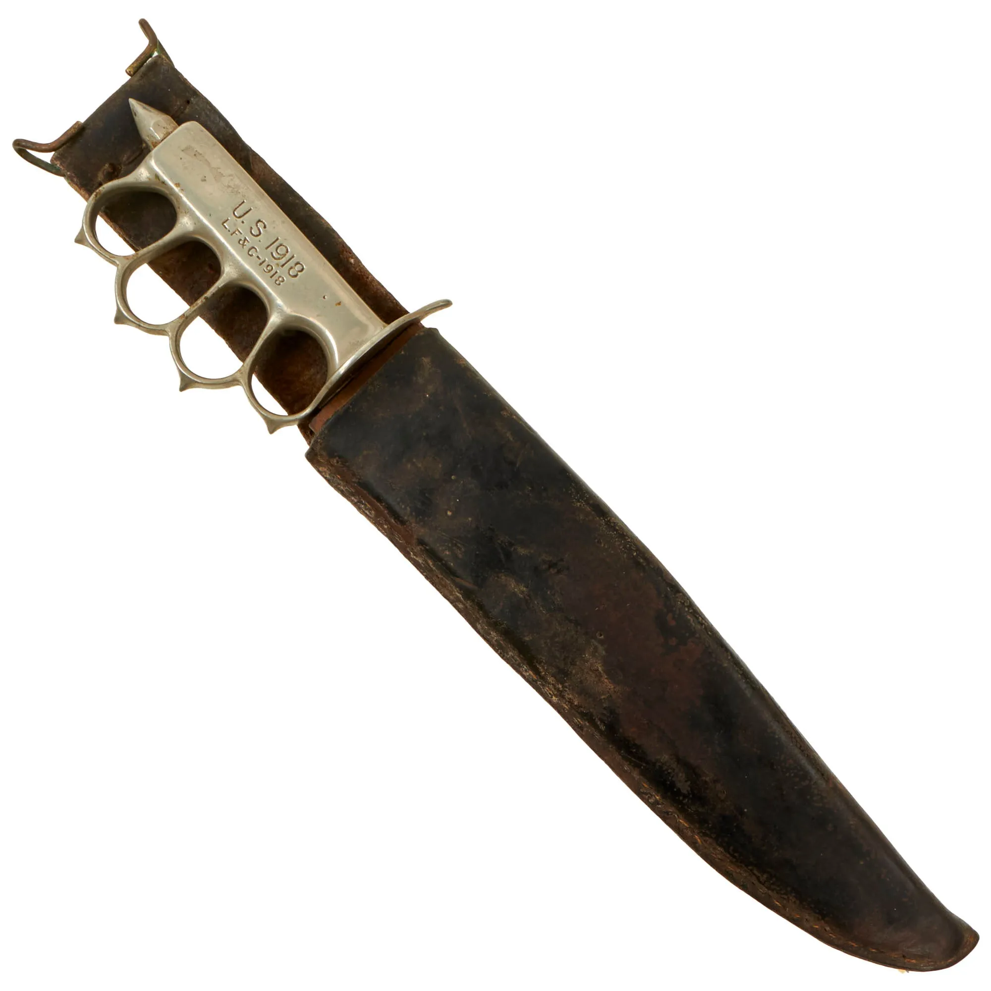 Original U.S. WWI M1918 Mark I Modified Trench Knife by L. F. & C. Modified with Bowie Blade with Original Leather Scabbard