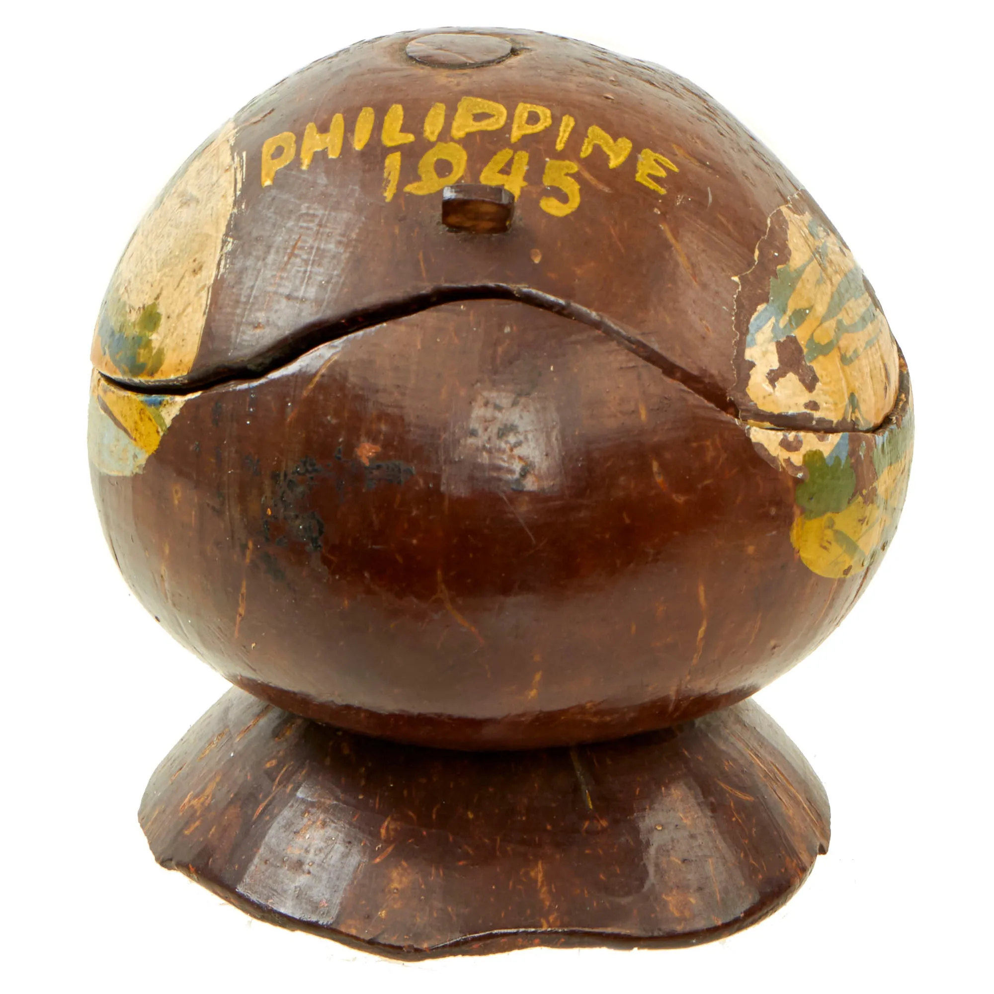 Original U.S. WWII US Marine Corps “Trench Art” Philippines 1945 Painted Coconut Keepsake Bowl With Japanese Bringback Items