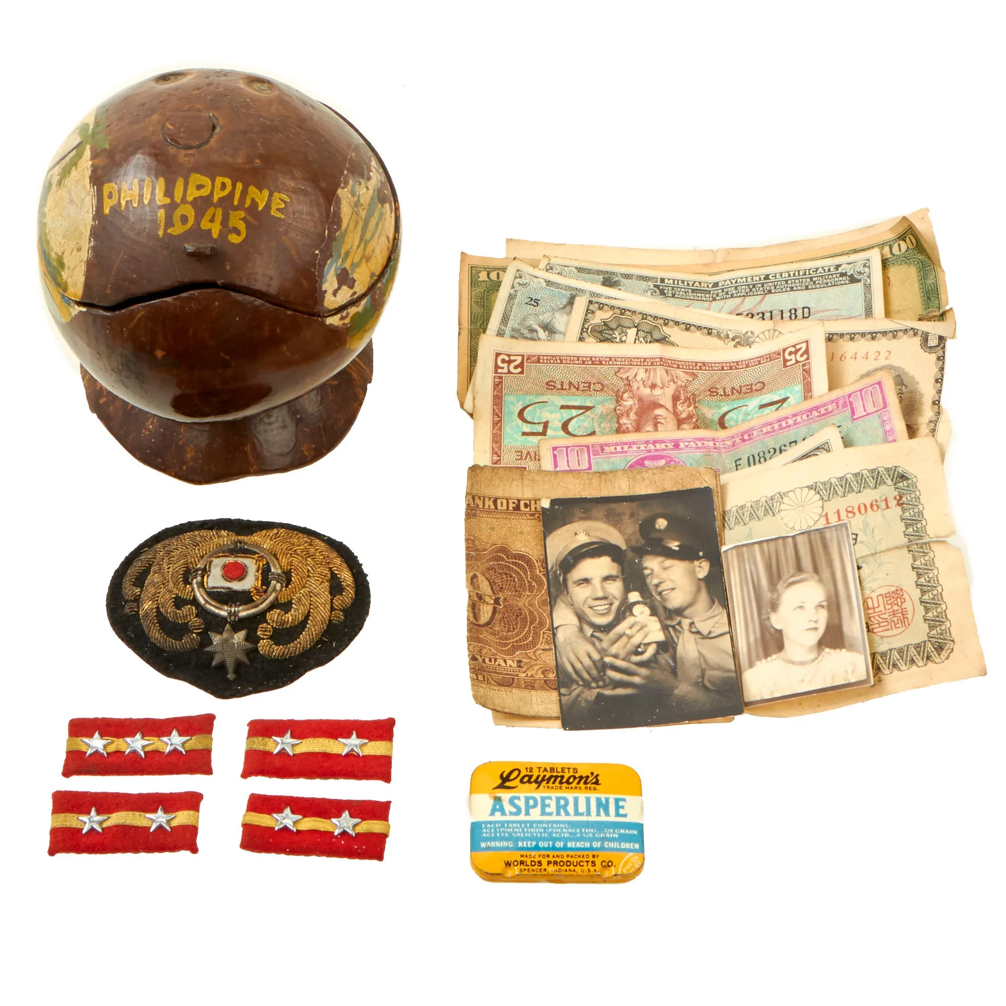 Original U.S. WWII US Marine Corps “Trench Art” Philippines 1945 Painted Coconut Keepsake Bowl With Japanese Bringback Items