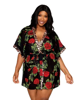 Plus Size Chiffon Robe with Leopard Satin Teddy