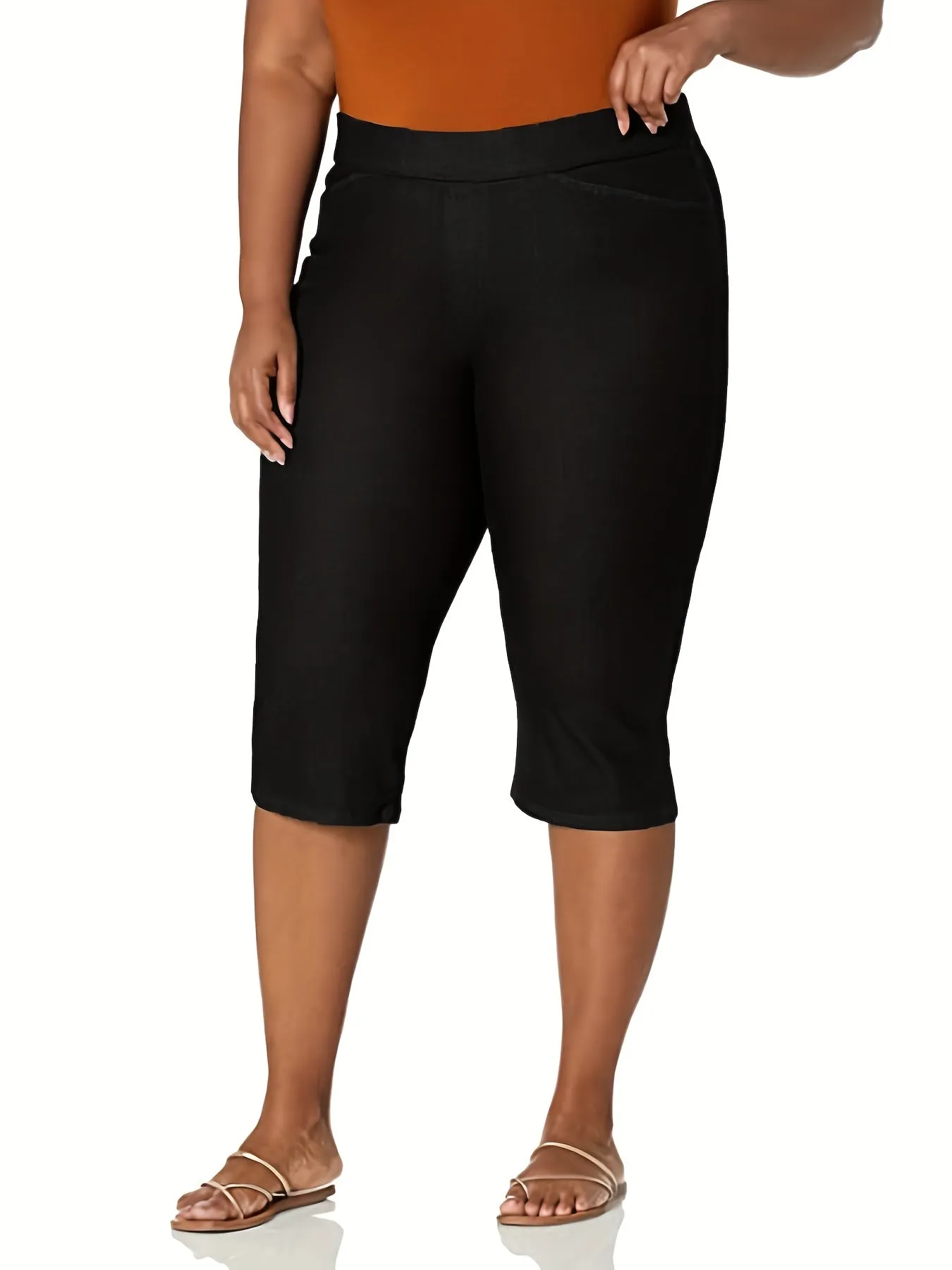 Plus Size Solid High Rise Slim Fit Capri Pants - Effortless Chic for Everyday Comfort