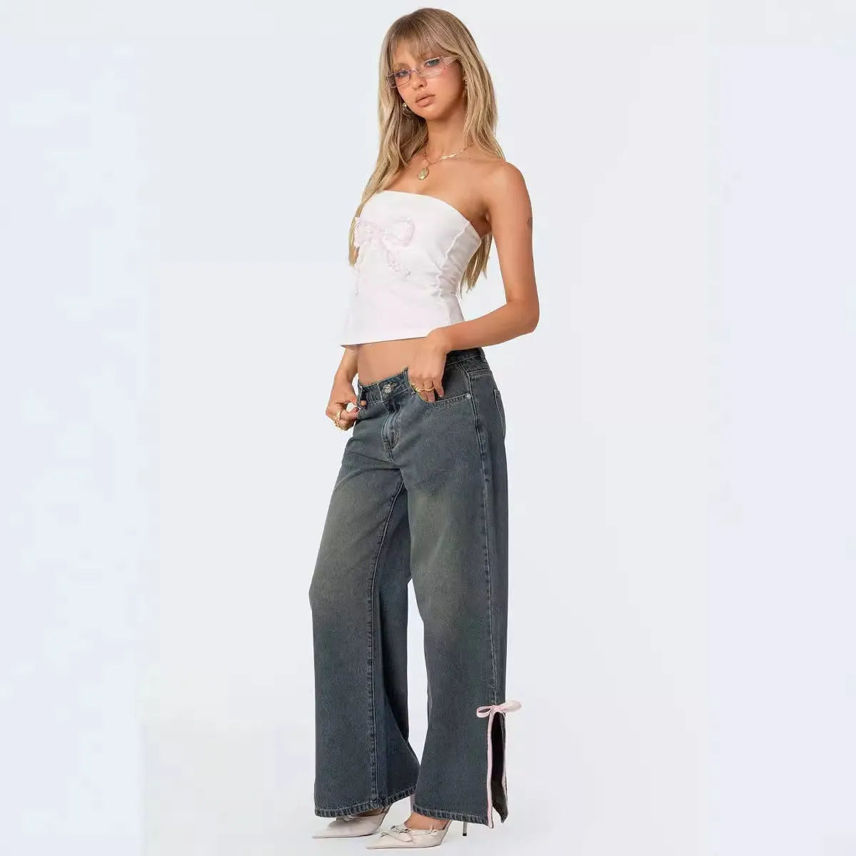 Skinny Mid Waist Slim Fit Bow Side Slit Jeans