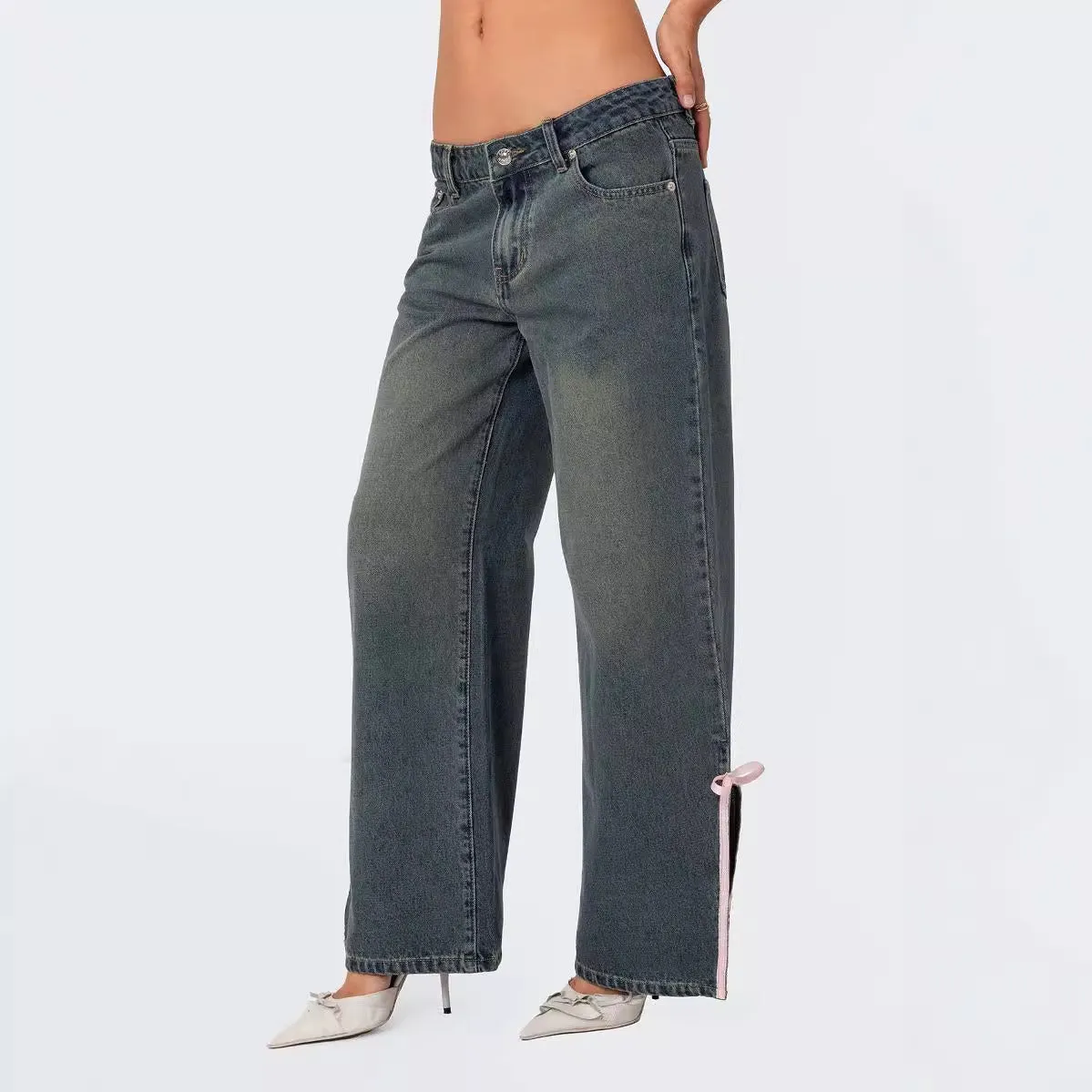 Skinny Mid Waist Slim Fit Bow Side Slit Jeans