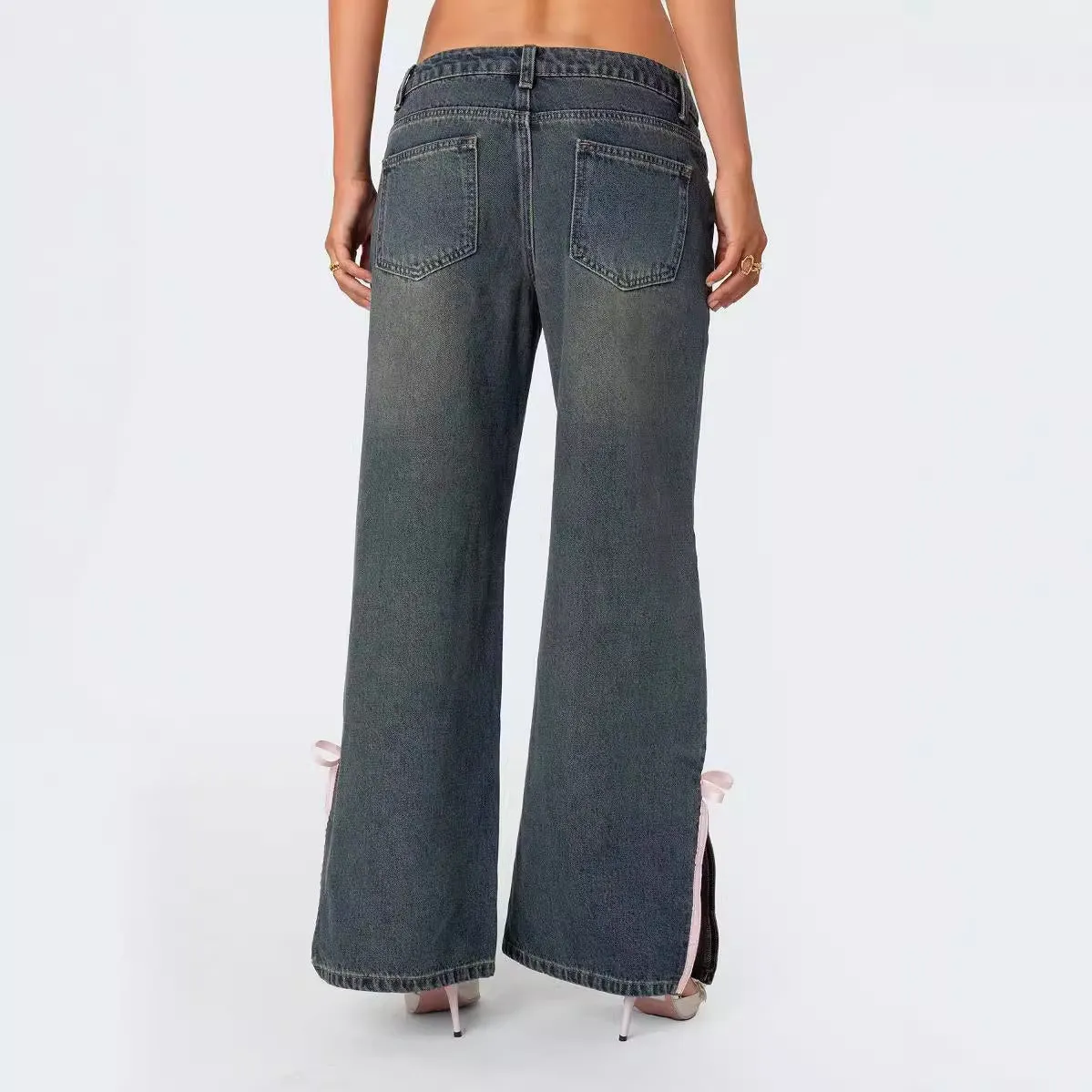 Skinny Mid Waist Slim Fit Bow Side Slit Jeans