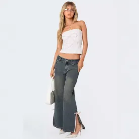 Skinny Mid Waist Slim Fit Bow Side Slit Jeans