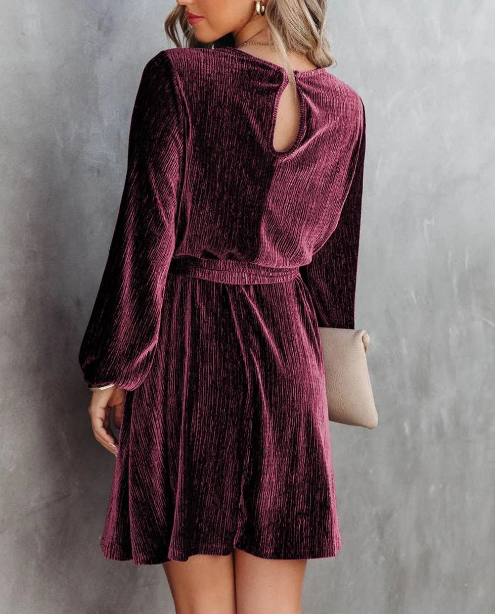 Tie Waist Crinkle Velvet Dress