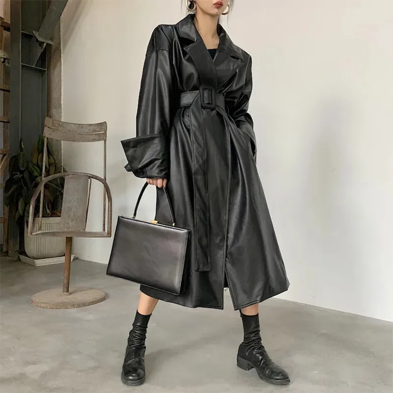 Trendy Long Oversized Leather Trench Coat