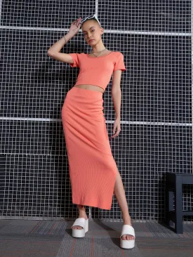 Women Peach Rib Round Neck Crop Top With Pencil Skirts