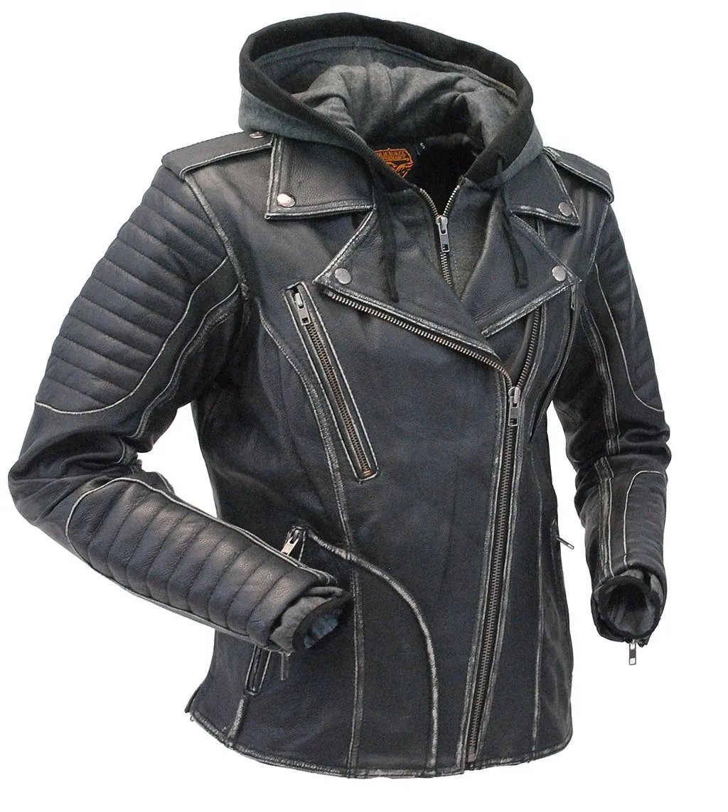 Women's Vented Concealed Pocket Motorcycle Jacket with Hoodie #LA2516VHK